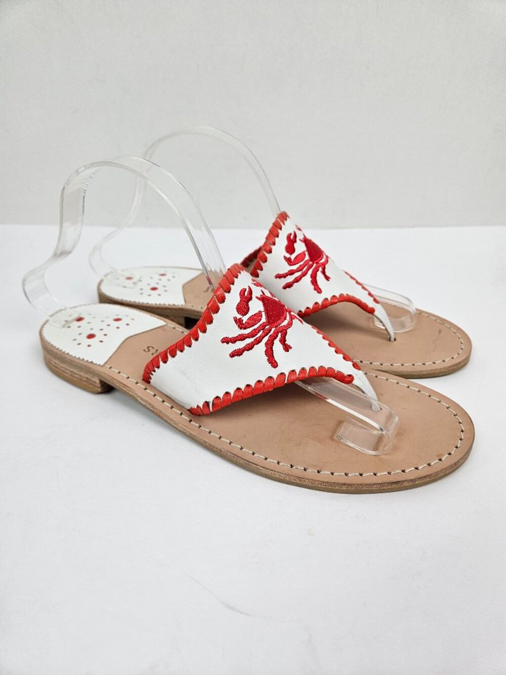 Jack Rogers Red/White Leather Embroidered Crab Sandal 10 - Picture 3 of 14